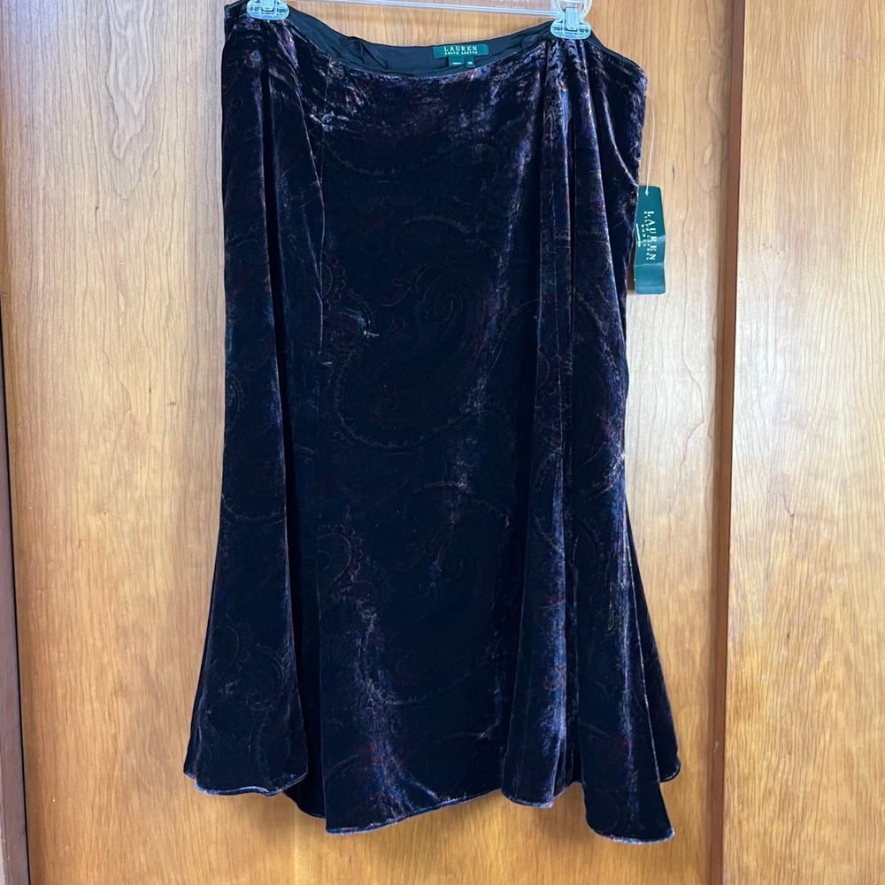 NEW NWT Lauren Ralph‎ Lauren Velvet Paisley Midi Skirt 18W Black Brown Multi